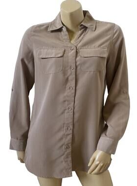 Denim & Co Button Down Shirt Womens XXS Tan Roll Tab Sleeve Utility Tunic